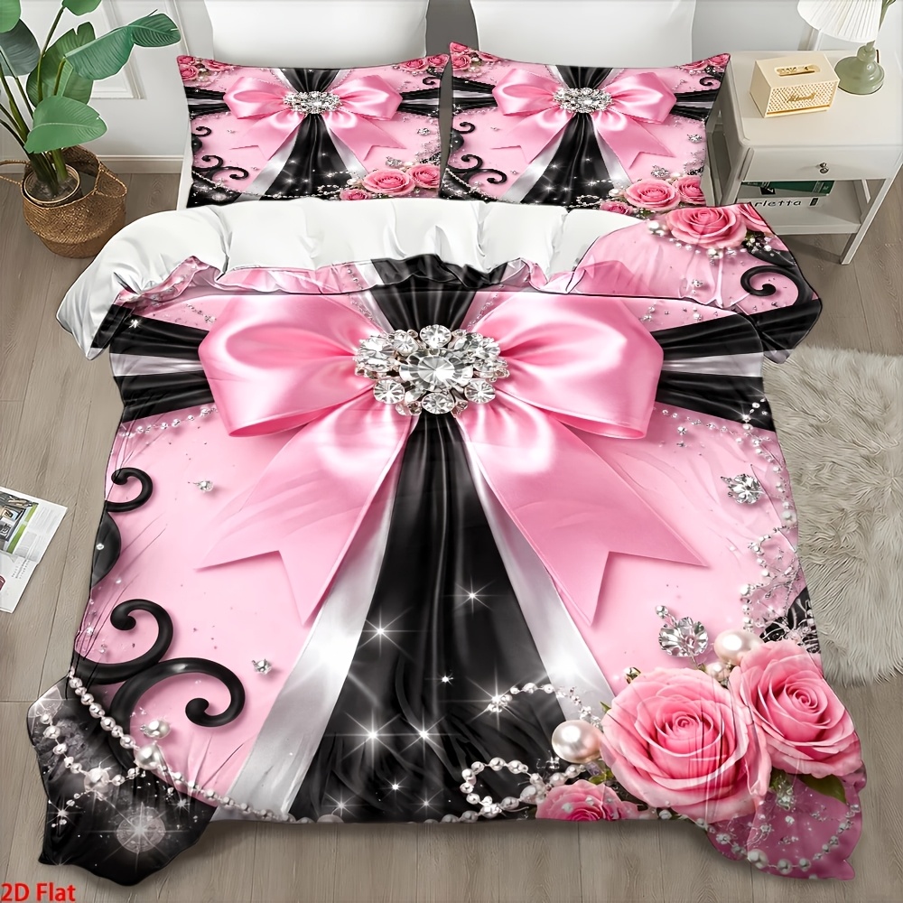 Duvet Cover Sets With Zipper - 3-Piece Fashionable Black and Pink Bowknot