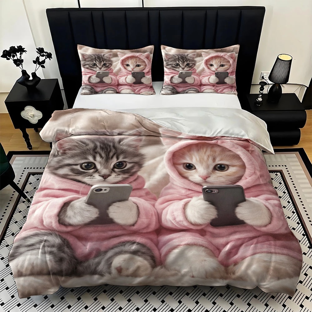 3Pc Cute Cat Playing with Phon - огляд і ціна Duvet Cover Sets With Zipper